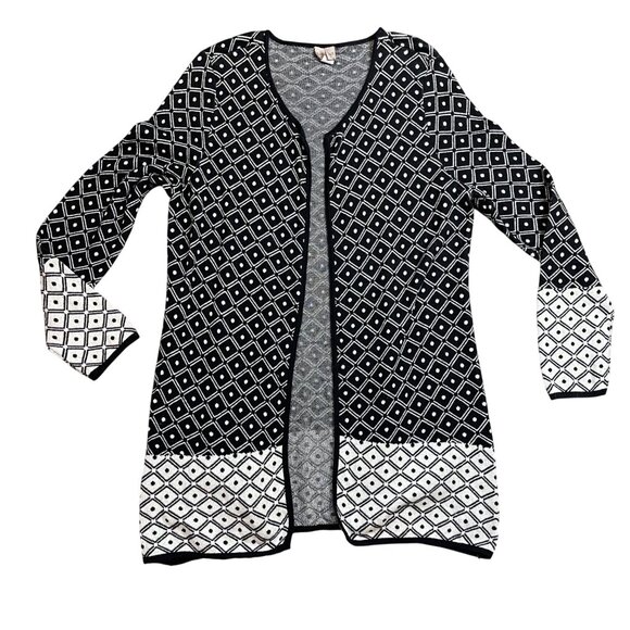 Chico's Easywear Open Front Cardigan Size 2 (US 12) 100% Cotton Knit Black White - Picture 1 of 10